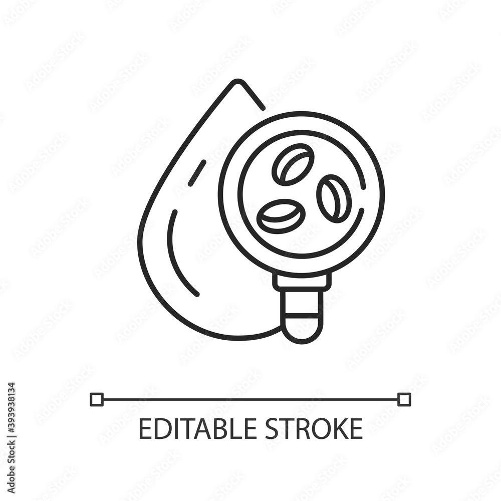 Sticker Blood cell test linear icon. Plasma exam. Erythrocytes, leukocytes. Immune system check. Thin line customizable illustration. Contour symbol. Vector isolated outline drawing. Editable stroke