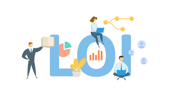 LOI, Letter Of Intent. Concept with keywords, people and icons. Flat vector illustration. Isolated on white background.