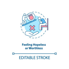Feeling hopeless and worthless concept icon. SAD symptom idea thin line illustration. Chronic fatigue. Suicidal ideation. Vector isolated outline RGB color drawing. Editable stroke