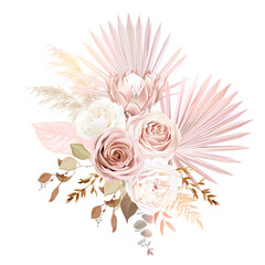 Trendy dried palm leaves, blush pink rose, pale protea, white ranunculus