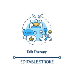 Fototapeta na wymiar Talk therapy concept icon. SAD treatment idea thin line illustration. Psychotherapy and counseling. Cognitive behavioural therapy. Vector isolated outline RGB color drawing. Editable stroke