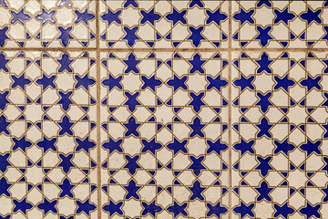 Arabic abstract pattern on a tile, Seamless tile background, blue, white, orange Arabic, Indian patterns,