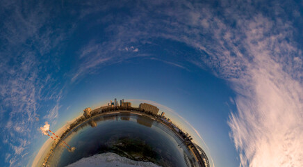 Little planet panorama of Moscow, Russia cityscape, Berezhkovskaya embankment, sunset blue sky with...