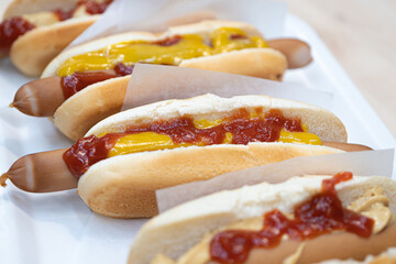 Fast food, hot dog, Sausage in a bun with mustard and ketchup
