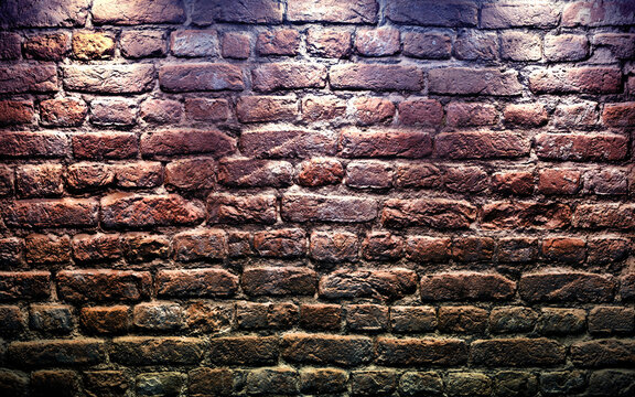 Old rough brick wall illuminated by spotlights. 3d rendering