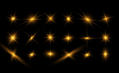 Set of bright beautiful stars. Light effect. Bright Star. Beautiful light to illustrate. Christmas star. White glitter sparkles with special light effect. Vector sparkles on a transparent background.