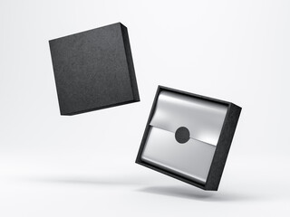 Open Black Box Mockup with silver wrapping paper on white background levitation