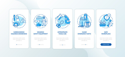Workplace safety elements onboarding mobile app page screen with concepts. Wearing safety equipment walkthrough 5 steps graphic instructions. UI vector template with RGB color illustrations