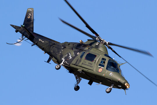 Belgian Air Force Agusta A109 military helicopter in flight.
