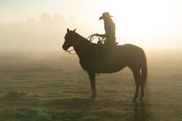 silhouette of cowgirl with lasso on horse at sunrise