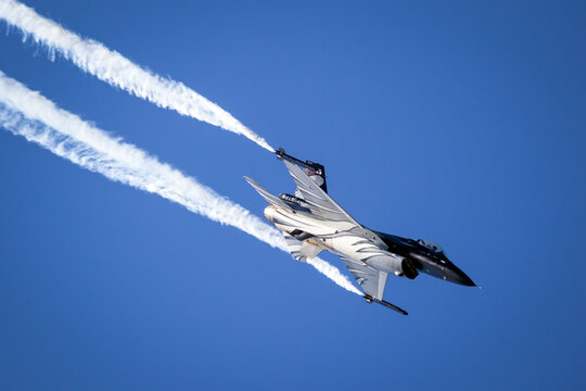 Belgian Air Force Lockheed F-16 Viper fighter jet flying demonstration