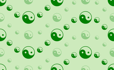 Seamless pattern of large and small green yin yang symbols. The elements are arranged in a wavy. Vector illustration on light green background