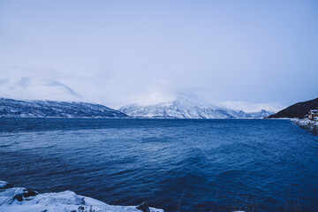 Scenery of cold blue ice on norwegian fjords and sea water on natural destination landmark, beautiful landscape environment on rocks covered with ice and fog on northern destination