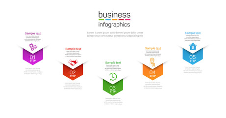 Business infographic design template with 5 options, parts, steps or processes. Can be used for workflow layout, diagram, number options, web design