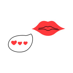 Red lips and speech bubble. Red hearts. Valentines Day. Confession of feelings. Vector isolated illustration doodle hand drawn. The 14th of February. Icon or sign