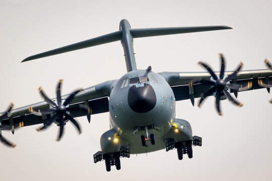 German Air Force Airbus A400M transport plane on approach at Nordholz airbase. Germany