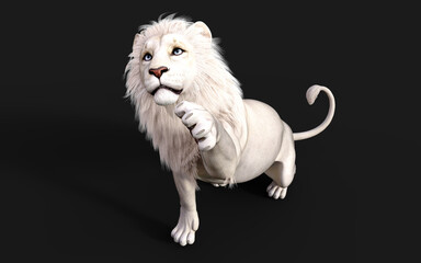 3D illustration of white lion acts and poses isolated on dark black background with clipping path. Lion king. 