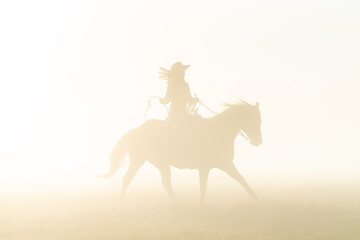 silhouette of cowgirl with lasso on horse at sunrise