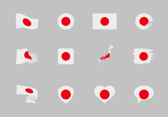 Japan flag - flat collection. Flags of different shaped twelve flat icons.