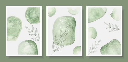 Abstract vector modern posters illustration hand drawn minimalist artwork watercolor background floral green shapes circles. Contemporary artist.Design decorative mid century covers, social media page