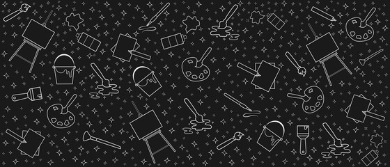 Dark background with art themed doodles. Art classes concept. Art school. Hand drawn Vector.
