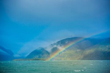 Rainbow on the boat crossing Magallanes and the Chilean Antarctic Region, Chile.