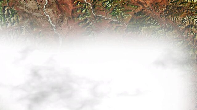 Uninhabited landscape satellite aerial view of mountains, river and green in Siberia, Russia. Clouds animation. Images furnished by Nasa