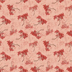 Seamless watercolor pattern with hand drawing red ash berry on pink background