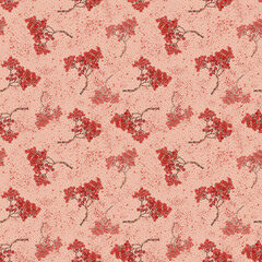 Seamless watercolor pattern with hand drawing red ash berry on pink background