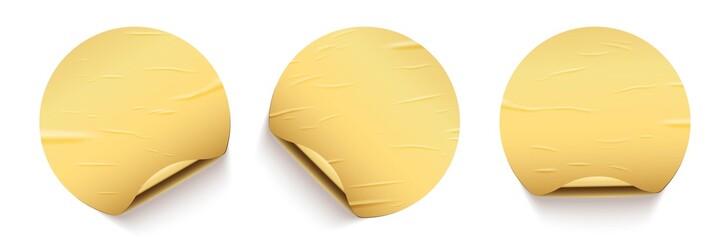 Gold glued round stickers with golden back side curling set. 3d circular shaped blank paper labels vector illustration. Wrinkled crumpled bad badges with shining peel effect