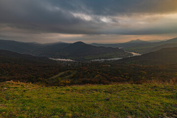 Plakat Skalky view point over valley of river Labe with sunset