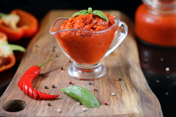 Lutenitsa, Pomorie, Bulgaria. Bulgarian, Traditional Food, hot pepper homemade appetizer 
