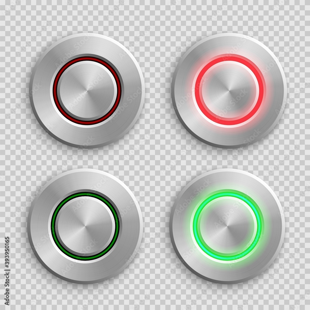 Poster chrome circle button set. metal silver round 3d icons vector illustration. shiny circular realistic 