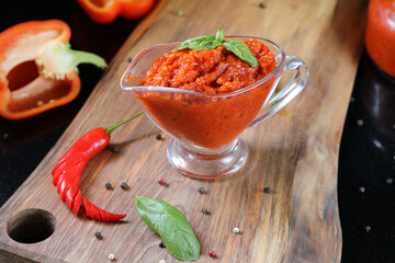 Lutenitsa, Pomorie, Bulgaria. Bulgarian, Traditional Food, hot pepper homemade appetizer 
