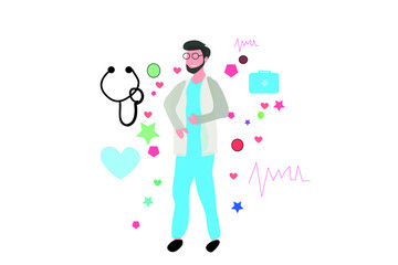 Doctor vector with simple medical icons.