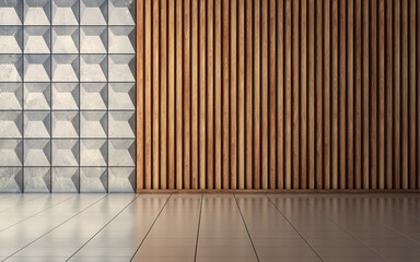Modern empty interior with wooden planks on wall. 3d rendering