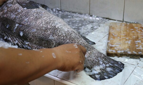 Cropped Image Of Person Cleaning Fish On Table