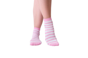 Woman female legs wearing pink and white striped plain cotton socks of classic style with elastic...