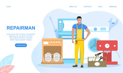 Professional worker in the uniform repair electrical home appliance with tool. Cartoon flat vector illustration. Website, web page landing page template