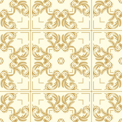 Hand Drawn Vintage damask ornamental elements endless background. Baroque scroll ornament seamless pattern. Golden Elegant abstract floral pattern in antique style. Decorative foliage swirl.