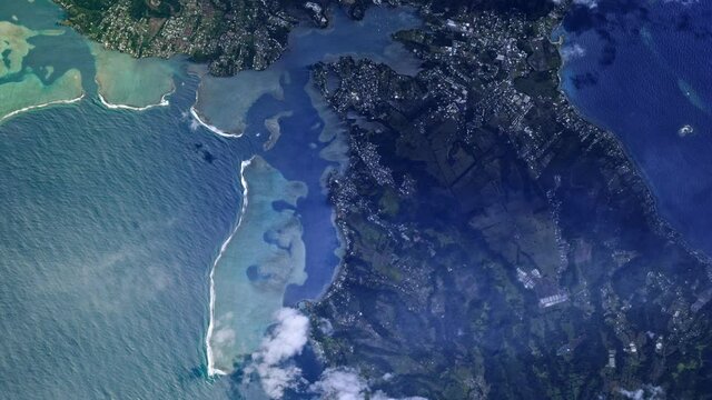 Tahiti Taravao isthmus satellite aerial view sunrise animation. Images furnished by Nasa