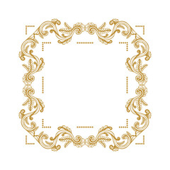 Hand Drawn Vintage damask ornamental elements for design. Baroque frame scroll ornament. Golden Elegant abstract floral pattern border in antique style. Decorative foliage swirl edging.