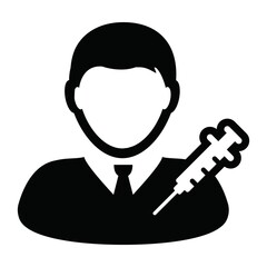 Vaccine icon vector with syringe male user person profile avatar symbol for medical and healthcare treatment in a glyph pictogram illustration