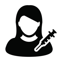 Person icon vector with vaccine syringe female user profile avatar symbol for medical and healthcare treatment in a glyph pictogram illustration