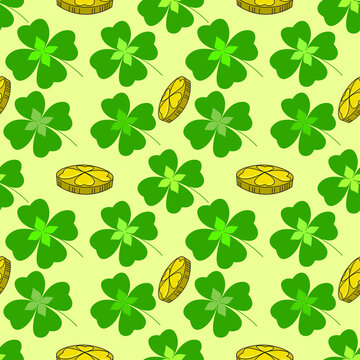 Shamrocks and coins seamless vector pattern with four-leaf clovers and pennies. St. Patrick's day festive background.