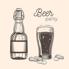 Set of beer bootle, bootle glasses and peanut. Beer house and party. Vintage vector engraving illustration for web, poster, invitation to party. Hand drawn design element isolated on white background.