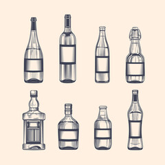 Alcohol bottles set. Beer, wine, rum, whiskey, martini, liquor. Hand drawing. Vintage vector engraving illustration for menu of bars and restaurants.