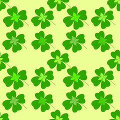 Seamless vector pattern with green four-leaf clovers on white. St. Patrick's day repeatable background.