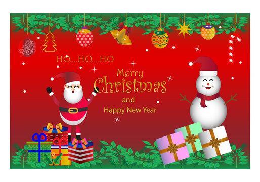 Design Merry Christmas and Happy New Year With Santa, Snow Man and Gift