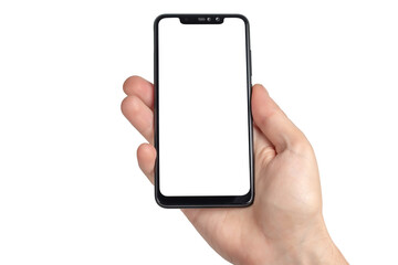 Touch screen smartphone, in a hand. isolate white background